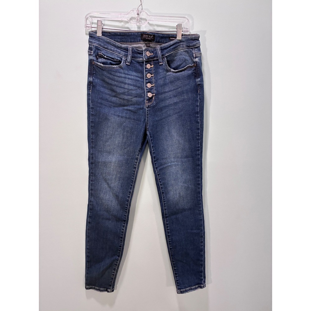 Judy Blue High Waist Button Fly Skinny Jeans Dark Wash Distressed Hem 11/30